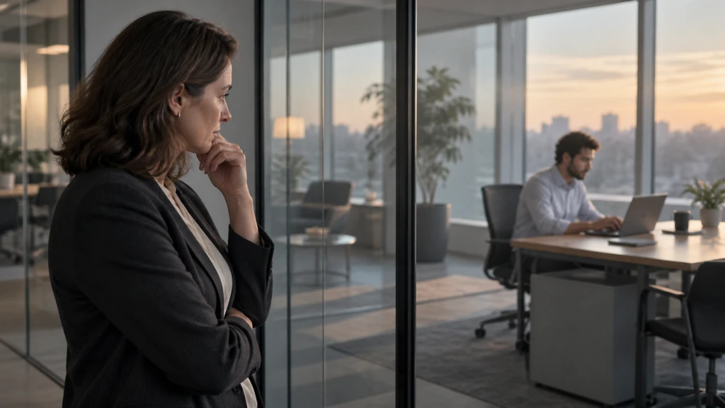 A manager looking thoughtfully at an employee across a quiet office