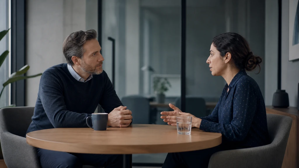 A manager listening attentively to an employee during a quiet one-on-one conversation