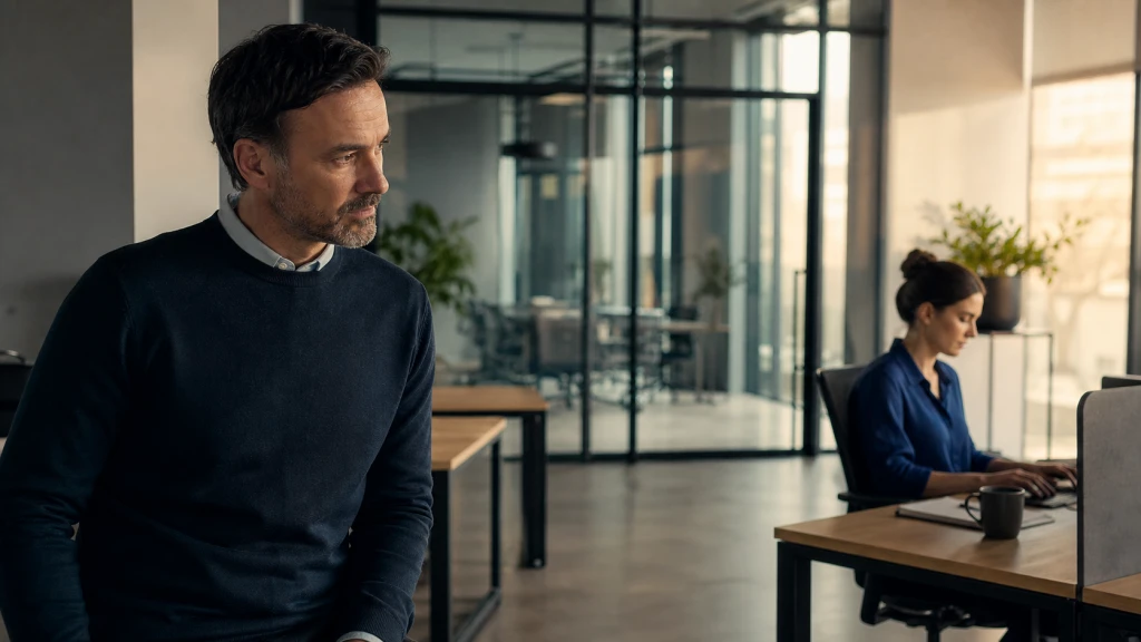 A manager observing a quiet employee from across a softly lit office